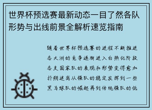 世界杯预选赛最新动态一目了然各队形势与出线前景全解析速览指南